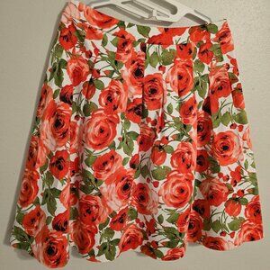 Appleseed's Petites White w/ Coral Multicolor Roses Floral Pleated Skirt Size 10